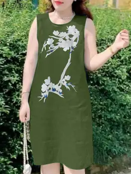 2023 ZANZEA Лятното модно рокля с флорални принтом, Елегантен халат с дължина до коляното, сарафан без ръкави, с кръгло деколте, Всекидневни празничен сарафан