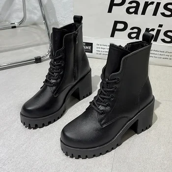 2024 Пролет/Зима, нови британските модни обувки на необработени обувки с кръгло бомбе дантела, дамски черни ежедневни дамски ботуши на груб ток