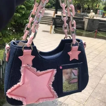 2024 Реколта чанта през рамо Корейската мода под мишниците Harajuku Star Мъкна Дънкови Дамски чанти чанта портмоне с цип за Дамски чанти