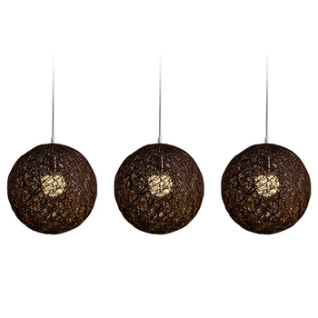 3X Кафе полилей от бамбук, ратан и юта с топки за индивидуално творчество, сферична лампа от ратан под формата на гнезда