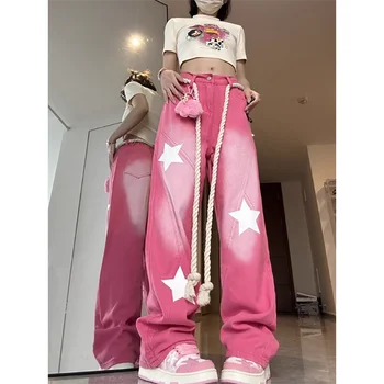 Deeptown Star Pink Girl Y2k Реколта Дънки, Дамски спортни Панталони В стил Хипи Gyaru Градинска Облекло Дънкови Панталони за всеки ден 90-те Естетически Панталони Kpop