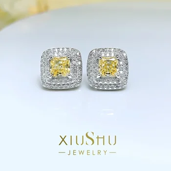 Desire 2023, Нови леки луксозни обеци Princess Square с жълти диаманти от чисто сребро проба 925, инкрустиран с вносни высокоуглеродистыми диаманти.