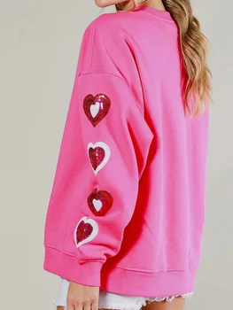 Hoody за Свети Валентин за жени, забавен пуловер с изображение на сърце любов, блузи, лъскава риза с кръгло деколте и дълъг ръкав, потници