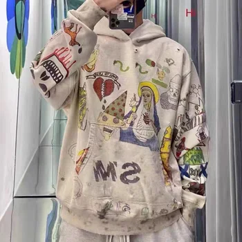 Hoody с надпис Saint Michael в стил хип-хоп, ръчно рисувани, Графити, Мъжки и дамски Реколта выстиранная дрехи, Свободни блузи, пуловери с качулка