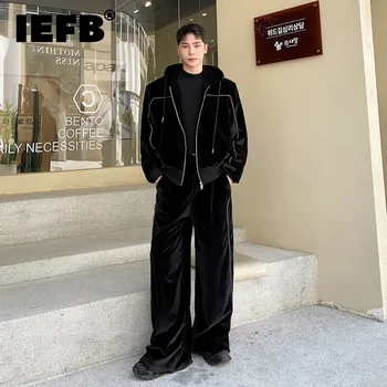 IEFB Корейски Velvet Мъжки Ежедневни Комплект, Персонални Свитшоты С Качулка и лента, Модни Широки Панталони 2023, Есента Комплект от Две части 9C2950