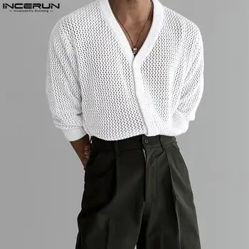 INCERUN Върховете 2023, Корейски Стил, Мъже Проста Универсална Риза С Выдолбленным Дизайн, Модни Мъжки Трикотажная Блуза С V-образно деколте и дълги ръкави S-5XL