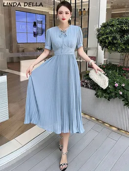 LINDA DELLA Лятното модно дизайнерско винтажное шифоновое рокля миди с кръгло деколте и завязками на талията, светло синьо плиссированное рокля