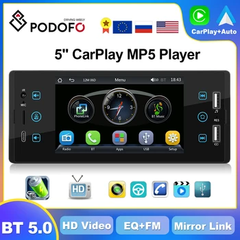 Podofo 1din CarPlay Android Автомагнитола 5-инчов Гъвкав стереоприемник Главното устройство Авторадио Мултимедиен плеър БТ Изглед отзад