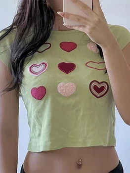 SEASONS Y2K, Лятна тениска за сладко момиче С бродерия във формата на Сърце, Шик Зелени тениски С Къс ръкав, Ежедневни Скъсяване на Върховете, Градинска Облекло ASTS86646