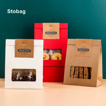 StoBag 10шт Подаръчни торбички от крафт-хартия за опаковане на бонбони и бисквити с прозорец За печене на Бисквити, закуска Ръчно изработени, Парти, сватба
