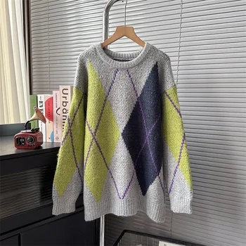 SuperAen 2023, Корейски есенно-Зимния нов Безплатен Цветен вязаный пуловер с кръгло деколте и дълъг ръкав, пуловер оверсайз