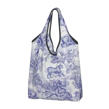 Toile De Jouy, тъмно син модел, чанта за пазаруване, животни, Гори, цветя фигура, пазарска чанта на рамото, големи чанти