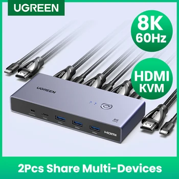 UGREEN 8K 60Hz HDMI KVM switch USB C USB3.0 KVM switch 2 БРОЯ С общ достъп към 1 Монитор, принтер, клавиатура, Мишка Поддръжка на 3D, HDR визия