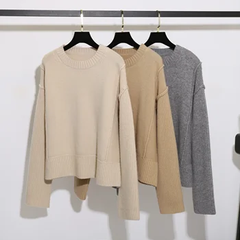 Weshallo Есен-Зима 100% Вълна женски пуловер Случайни вязаный обикновен пуловер с кръгло деколте