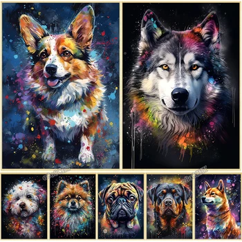 Абстрактни цветни кучета, графити, рисунки върху платно, сладки домашни любимци, кучета, поп-арт, плакати и щампи Cuadros Home Decor