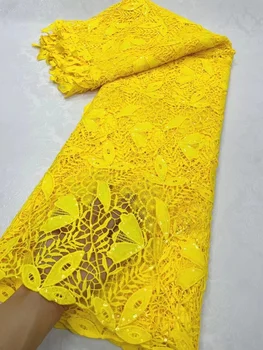 Африканска водорастворимая лейси плат Жълт цвят 2023, Африканска гипюровая лейси плат с пайети За жени, сватбени рокли за партита