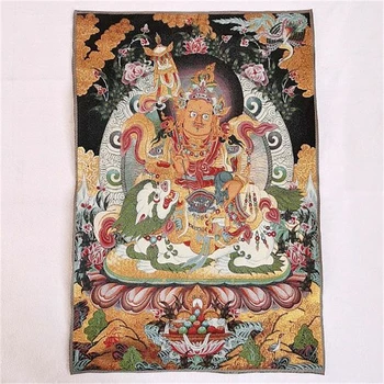 Бродерия Тибетски Буда Тханка, Жълто-Бог на богатството, изключителна религиозна украса за дома, подходяща украса