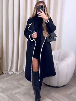 Винтажное вълна палто с бродерия за жени 2023, елегантни дълги палта с отложным яка, луксозни дамски връхни облекла за магазините