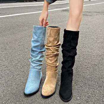 Дамски ботуши в Западен стил, е Новост 2023 г., Дамски ботуши до коляното На платформата, Модерни Улични Ежедневни Сини Дълги Каубойски Ботуши Botas De Mujer