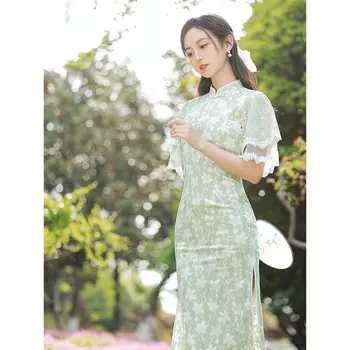 Дамски Зелена цвете облекло Чонсам, лятно дантелено ново ежедневна рокля в китайски стил, дълга рокля в китайски стил от S до 2XL, високо качество