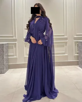 Дамски официални рокли от Саудитска Арабия, V-образно деколте, бродирани с мъниста Дълги ръкави, рокля за бала трапецовидна форма с опаковки, сватбени рокли за гости