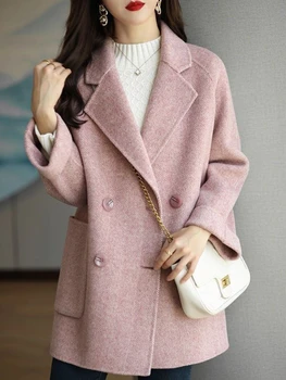 Дамски палта, модерно вълна палто, дамска есенно-зимна вълна и смес, Обикновен дамски якета са с джобове, дамски елегантни якета