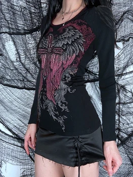 Дамски тънки върхове в готически стил Y2K, риза в стил гръндж с кристали и преминаването принтом, тениски с дълъг ръкав и кръгло деколте, градинска облекло