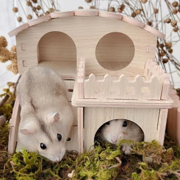 Дървена къщичка-убежище за хамстер, Двупластова играчка-упражнение за малки животни, малък мишката, лесен за сглобяване