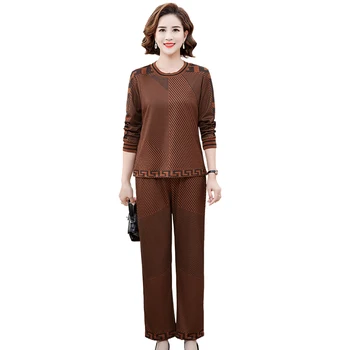 Жена комплект широки панталони на райета, Всекидневни брючный костюм за средна и напреднала възраст, Модерен, Пролет, есен, комплект от 2 теми, 2023