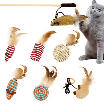 Забавна играчка за котки с пера, играчка за упражнения с домашни любимци, закачка за котки, 7 парчета, Пръчица за котки, интерактивни играчки, Преносим комплект дразнилок за котки, Дълга пръчица за котки
