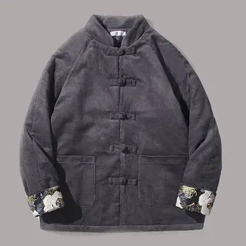 Зимни мъжки вельветовая яке с памучна подплата в китайски стил Тан 2023, зимни плюшени сгъстено топли ватирани палта