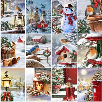 Зимни пейзажи, диамантена живопис, Снежна птица, пощенска кутия, Коледна елха, Снежен човек, диамантена бродерия, живопис, творчески занаяти, домашен декор