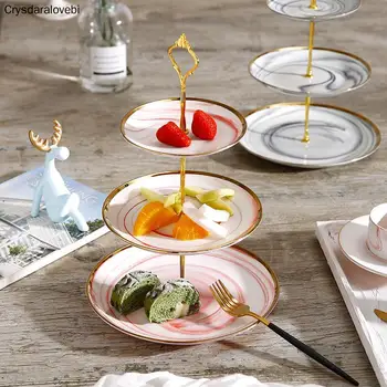 Изискан 3-слойный Европейския керамичен поднос за плодови закуски, сватбен десерт, Сладкарница чиния, Мраморна текстура с тапицерия злато, тава за съхранение