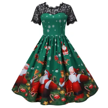 Коледна фабрика Hot Spot Доставя дамско дантелено рокля с кръгло деколте и къси ръкави в стил ретро в стила на Хепбърн с принтом голям размер