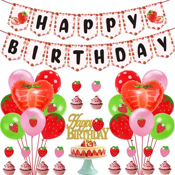 Комплект бижута за бала в чест на рождения Ден на с ягоди, Банер, честит Рожден Ден, Темата на голяма торта, балони, Топперы за кексчета, сладки Плодове
