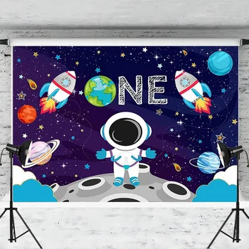 Космически фон Украса за парти по случай 1-ви рожден ден на Син Фон ракети астронавти Първото пътешествие около Слънцето Банер за тортата на масата
