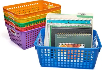 Кошница за съхранение с дръжки, Кутии за книги и материали за еднократна употреба, Организиране на занимания в клас и у дома, 13 x 10 инча, Rainbow Colors Shoppin