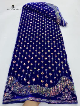 Кралското синьо Африканска кадифе лейси плат с пайети 2024 г., благородна Нигерийская луксозна лейси плат с мъниста за женски коледни рокли