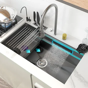 Кухненска мивка от неръждаема стомана, водопадная мивка, голям однощелевой многофункционален мивка, която може да се инсталира под мивката