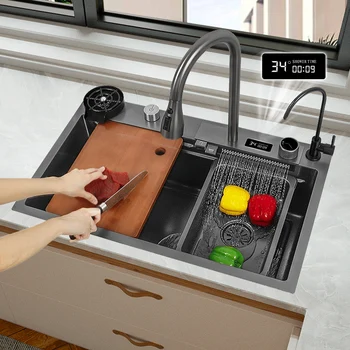 Кухненска мивка с водопад от неръждаема стомана 304, Голяма Однослойная С мулти-сензорен крана Над мивката