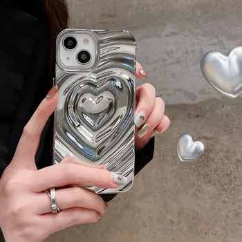 Луксозен Гальванический Сребърен 3D Сърце С Водна Ромолящи Калъф За Телефон iPhone14 13 12 11 15Pro Max Седалките Мека Силиконова Обвивка Противоударная