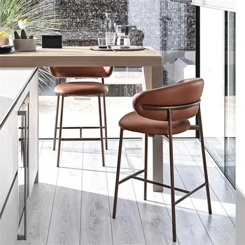 Модерен бар стол от масивно дърво, скандинавски бар стол за кухня, лека луксозна тъкан, бар стол с високи крака, домакински стол за дневна