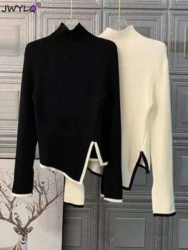 Модерен Корейски Нередовен Тънък топ с дълъг ръкав, пуловер, дамски Есен Черно поло, монофонични вязаный топ, Реколта дрехи на 90-те години.