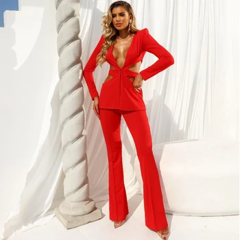 Модерен секси червено сако с V-образно деколте и открити талия, темпераментна жена елегантен комплект панталон за отслабване от две части
