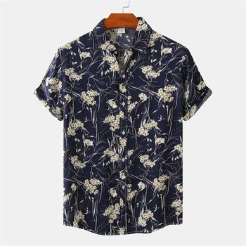 Модерна лятна Хавайска риза за мъже, тениски с 3D-принтом листата на дърветата, с участието на тропически растения, С ревери, блуза, копчета и къс ръкав.