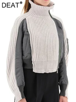 Модни Дамски плетени жилетки в рубчик, пуловер с висока яка, късо палто с дълги ръкави с цип в стил мозайка, Зима 2024, Новост 7AB300