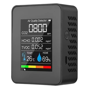 Мониторинг на качеството на въздуха 5 в 1, измерване на температура и влажност на въздуха CO2 TVOC HCHO, USB-акумулаторна детектор на CO2 Черен