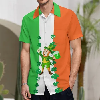Мъжка риза, ризи в чест на Деня на Свети Патрик, Върховете в чест на Ирландския национален празник, Блузи с къс ръкав, Зелени летни тениски Hombre с ревера под формата на детелина