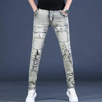 Мъжки градинска дрехи, выстиранная работно облекло, дънки с потертыми ръбове, плътно прилепнали Дълги дънкови панталони, мъжки модни дънкови панталони Y2k в корейски стил