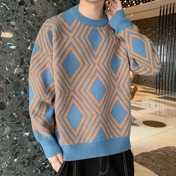 Мъжки пуловер в контрастен цвят с геометрични принтом, вязаный мъжки пуловер с цветни блокчета, дебел топъл пуловер с кръгло деколте на есента-зимата, мек